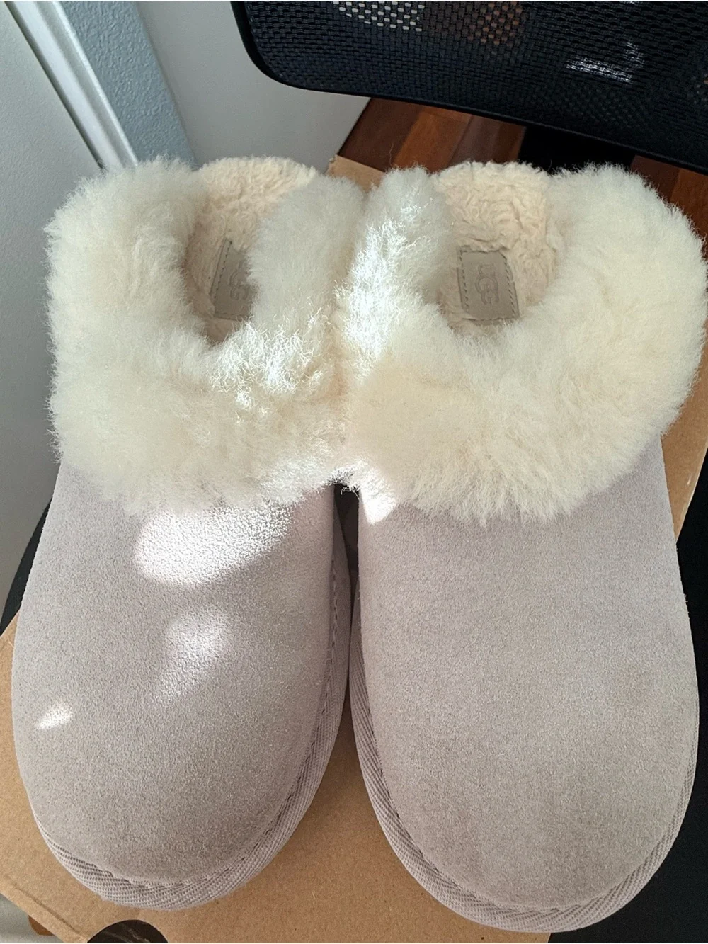 UGG kids Cream Suede Shearling-Lined Slip-On Slippers